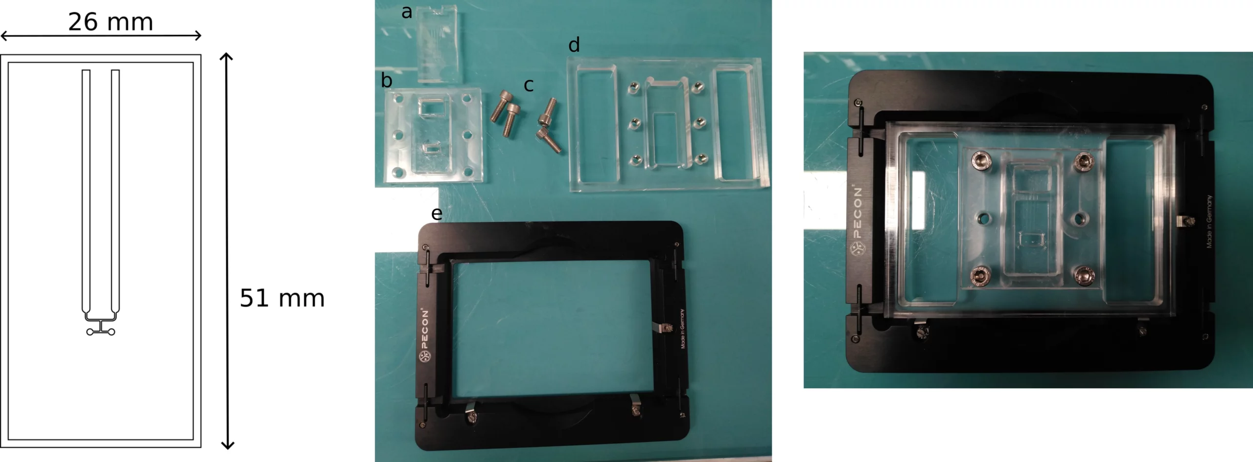 Clamping contraption with microfluidic chip scaled