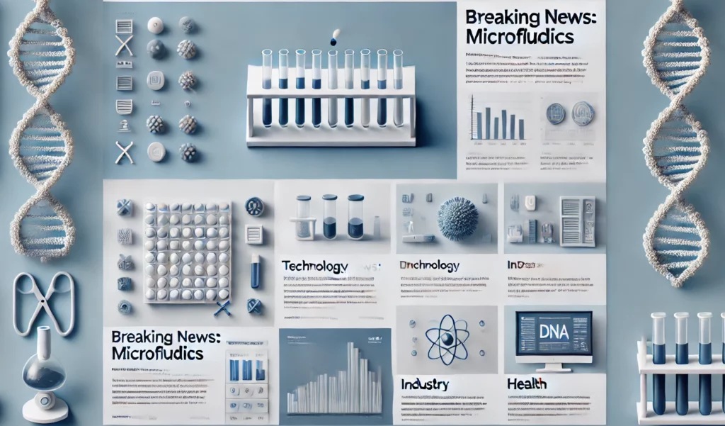 A minimalistic homepage design for a microfluidics news website. The layout includes a main headline section with a large image and title 'Breaking News