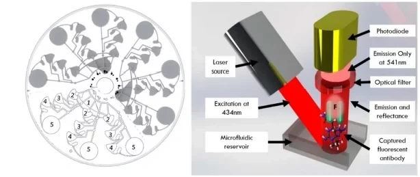 Figure 6: The centrifugal microfluidic platform and working principle with for triplicate triple-toxin detection.