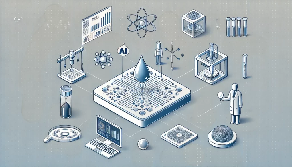 A simple illustration representing emerging technology trends_ microfluidics, digital, droplet, 3D printing, AI, personalized medicine, diagnostic, an