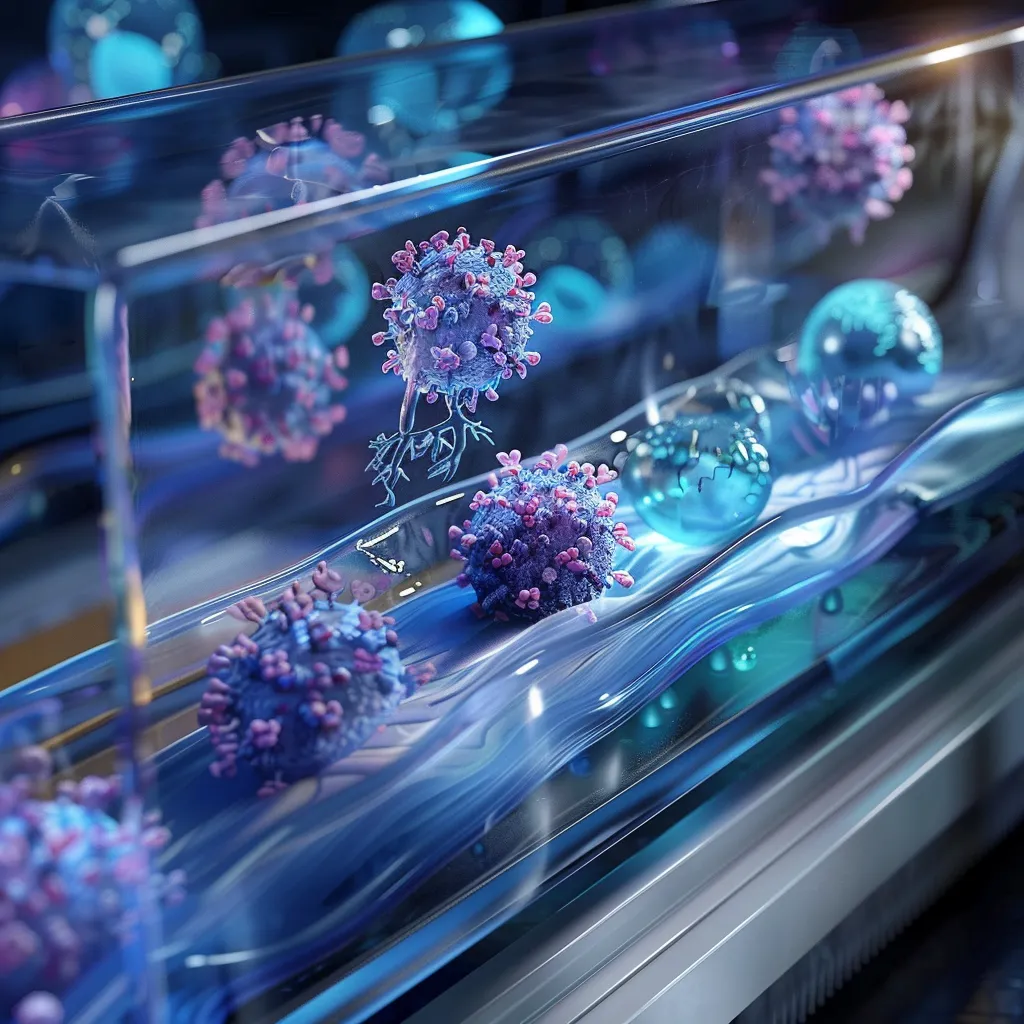 Depict a lung-on-a-chip model being used to study viral propagation, specifically showing the interaction between the influenza virus and alveolar cells. Include the membrane separating the air and fluid channels with labeled cell types.