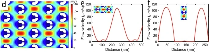 Figure 4 d, e, f- d) Computational simulation results for the fluid flow in the microfluidic chip, showing the fluid velocity cloud chart within the trap array. (e) Fluid velocity distribution along the longitudinal axis of the traps. (f) Fluid velocity distribution along the vertical axis of the traps.