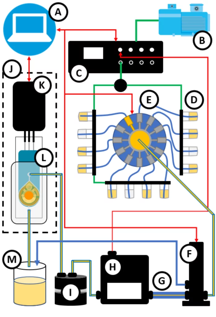 Schematic representation of the microfluidic setup for electrochemical measurements on an SPE